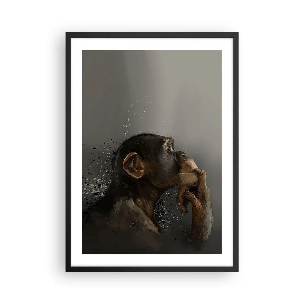Poster in een zwarte lijst - Portret van een denkende aap in zachte grijstinten met een abstracte achtergrond - 50x70cm - Zeker een denker - Moderne wanddecoratie voor woonkamer en slaapkamer ARTTOR