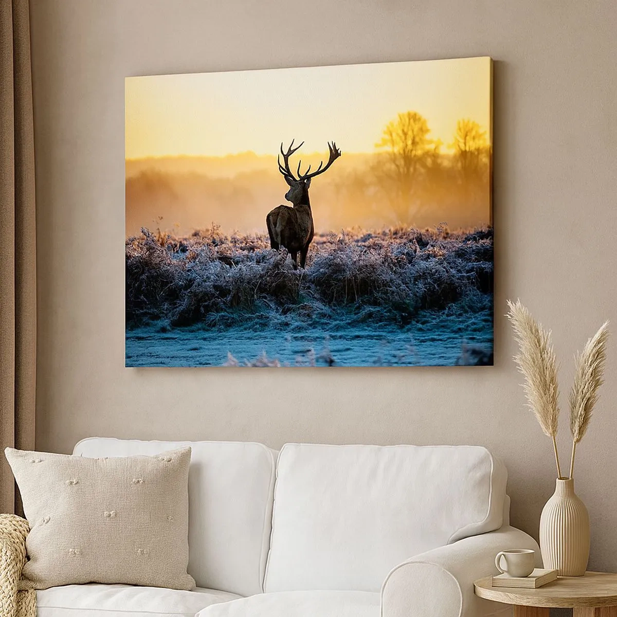 Schilderen op canvas - Een hert op een bevroren open plek bij zonsopgang - 70x50cm - Gekroond op zijn landgoed - Moderne wanddecoratie voor woonkamer en slaapkamer ARTTOR