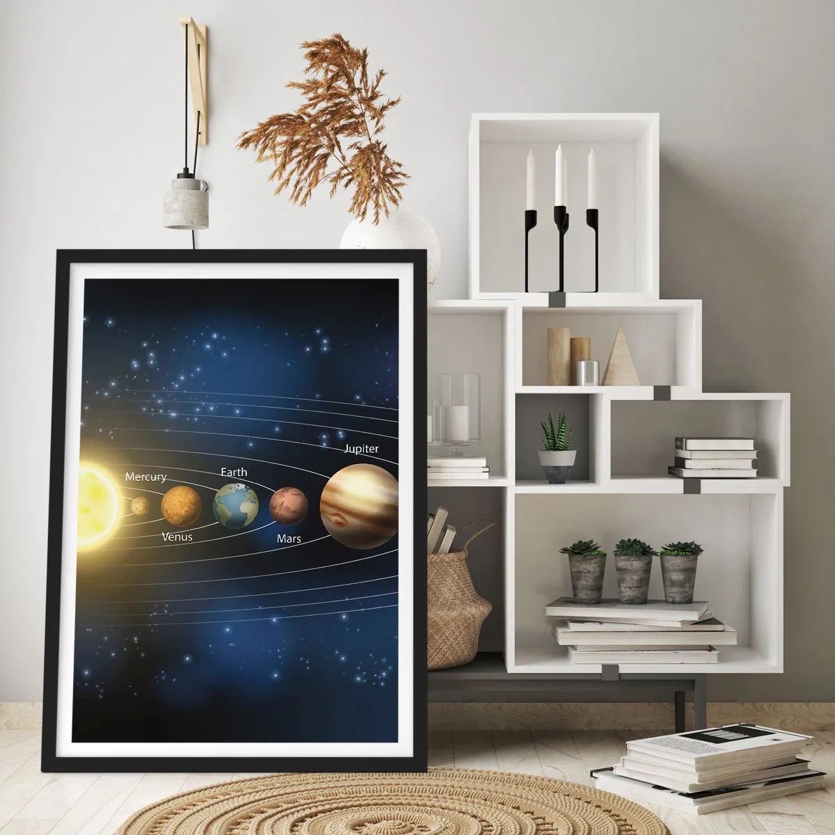 Poster in een zwarte lijst - Het zonnestelsel met planeten tegen de achtergrond van sterren - 50x70cm - Een van de tien - Moderne wanddecoratie voor woonkamer en slaapkamer ARTTOR