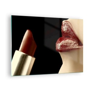 Schilderen op glas - Sensuele lippen met karmozijnrode lippenstift op een donkere achtergrond - 70x50cm - Sensualiteit en schittering van karmijn - Moderne wanddecoratie voor woonkamer en slaapkamer ARTTOR