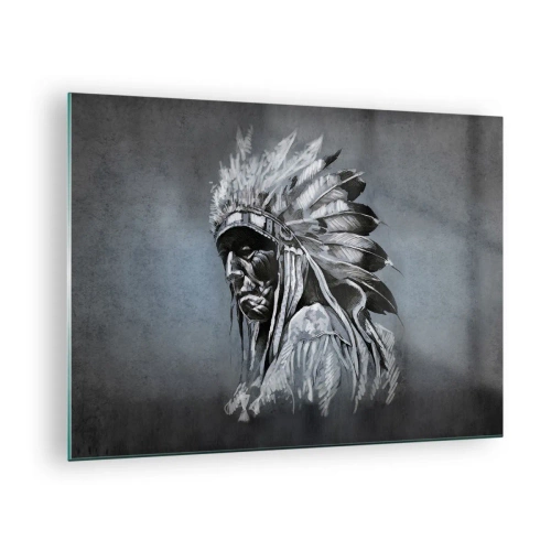 Schilderen op glas - Portret van een man met een verentooi tegen een donkere, grijze achtergrond - 70x50cm - Keer terug naar de wortels - Moderne wanddecoratie voor woonkamer en slaapkamer ARTTOR