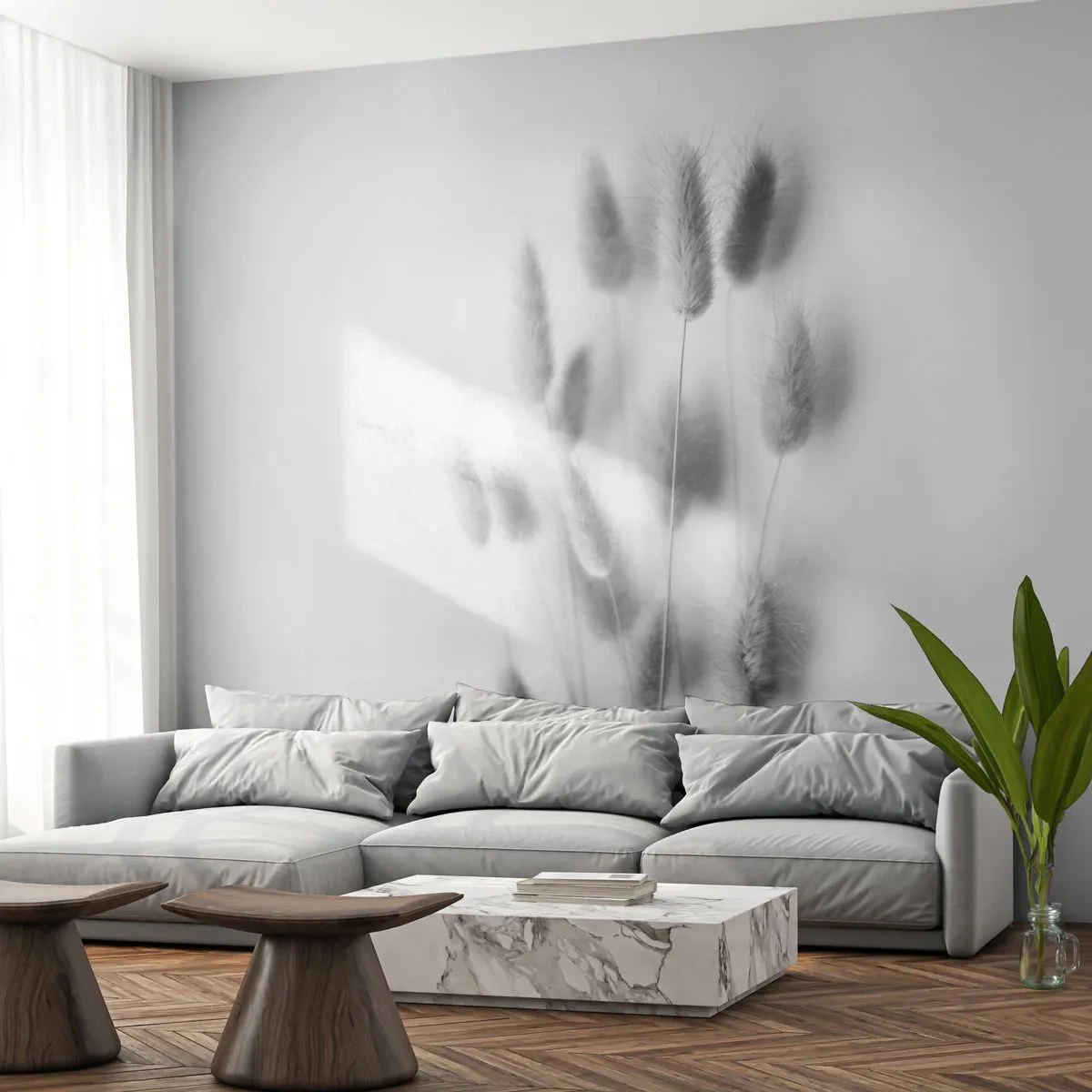 Fotobehang Premium Sand - Haar luchtigheid gras - Gras, Zwart en wit, Bloemen - 300x210 cm