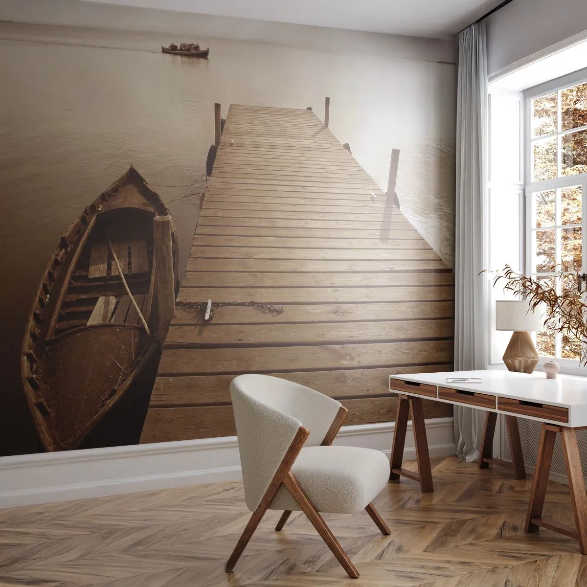 Fotobehang Premium Sand - Grote vrede - Landschap, Meer, Houten brug - 350x256 cm