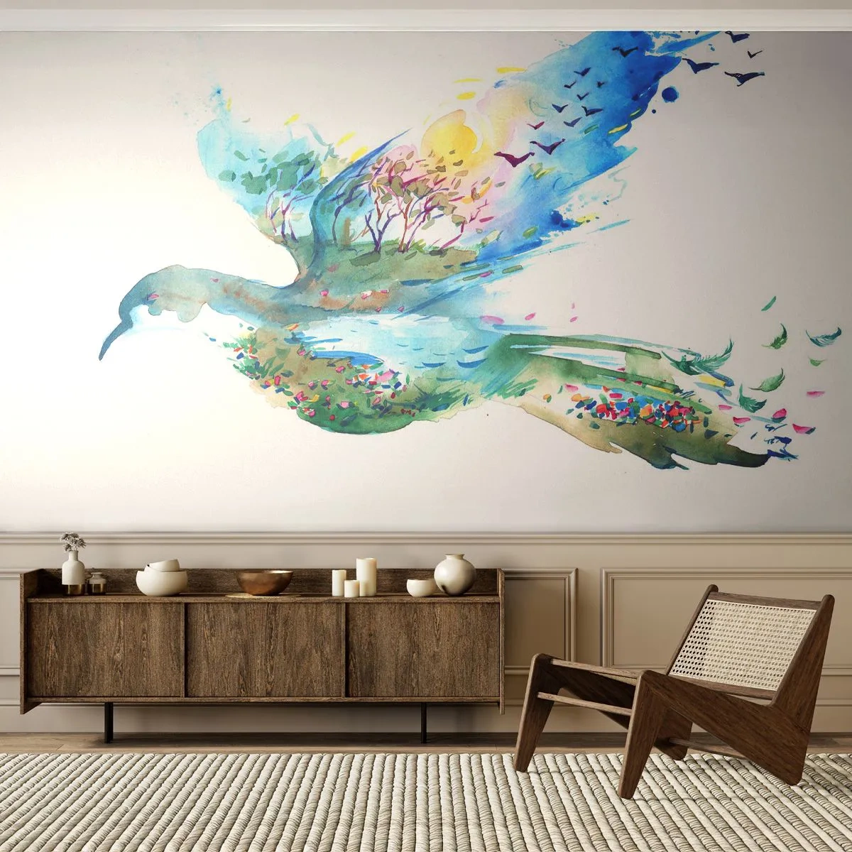 Fotobehang Premium Canvas - Op de vleugels van de natuur - Abstractie, Vogel, Zomer landschap - 350x256 cm