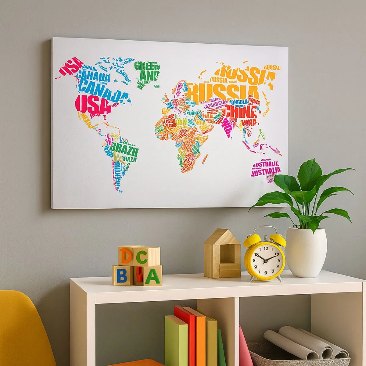 Schilderen op canvas - Kleurrijke wereldkaart met landnamen - 70x50cm - Ik wil ze allemaal weten - Moderne wanddecoratie voor woonkamer en slaapkamer ARTTOR