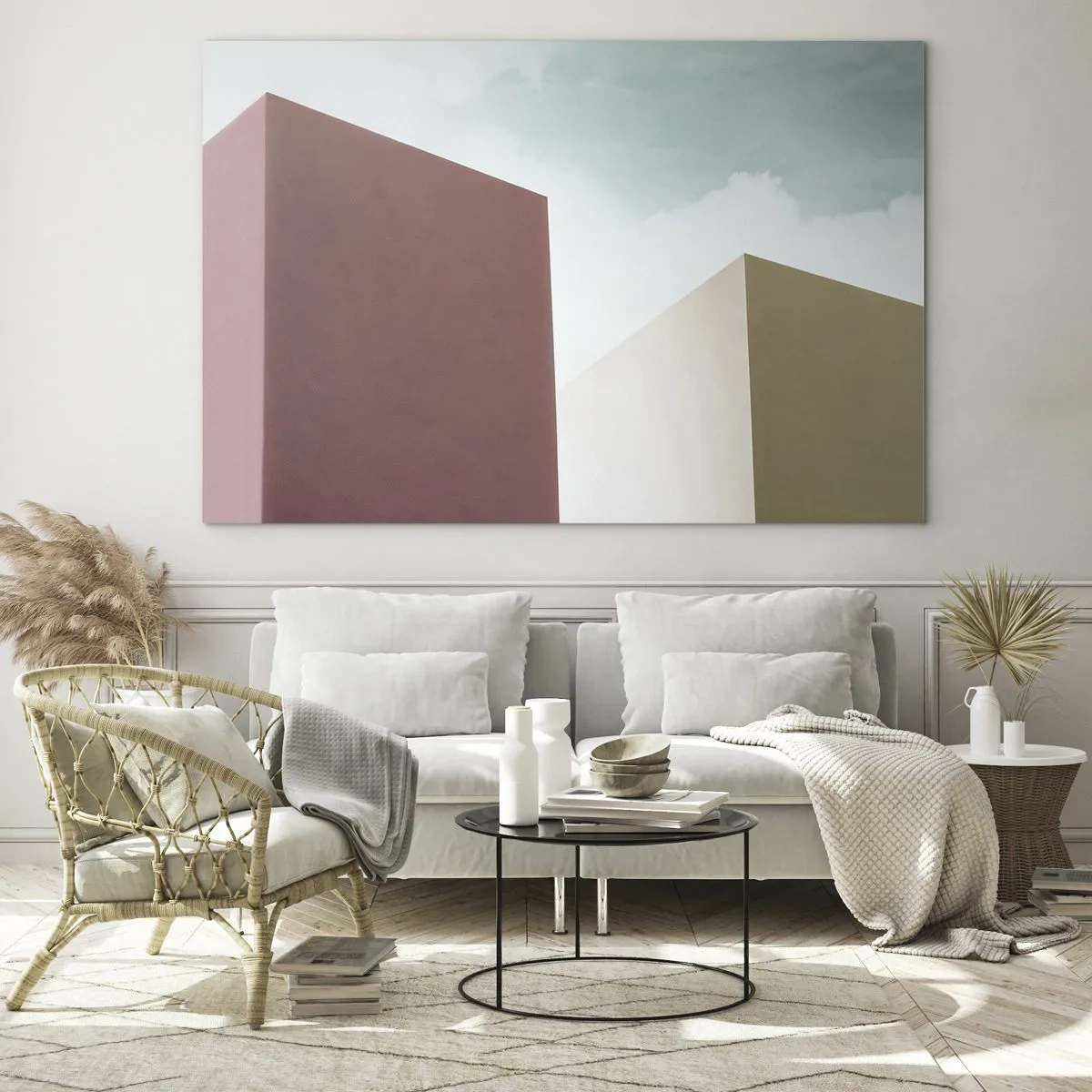 Schilderen op glas - Geometrische gebouwen in pastelkleuren - 70x50cm - De geometrie van een zonnige zomer - Moderne wanddecoratie voor woonkamer en slaapkamer ARTTOR