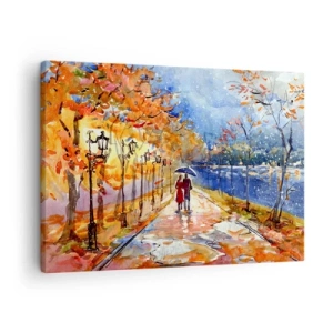 Schilderen op canvas - Een herfstwandeling in het park aan de rivieroever onder een parasol - 70x50cm - Samen tot de grens van de tijd - Moderne wanddecoratie voor woonkamer en slaapkamer ARTTOR