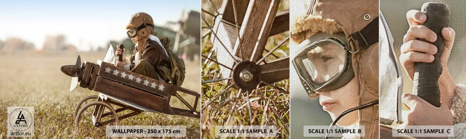 Fotobehang Monster Premium Canvas - Begin naar een droom - Jongen, Vliegtuig, Vintage - 100x30 cm