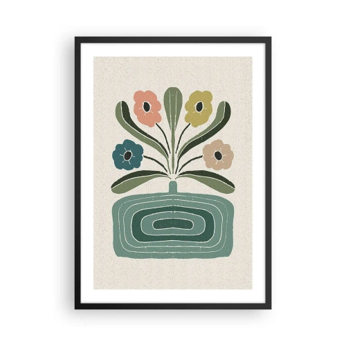 Poster in een zwarte lijst - Gestileerde bloemen in een grafische compositie - 50x70cm - Symmetrisch boeket - Moderne wanddecoratie voor woonkamer en slaapkamer ARTTOR
