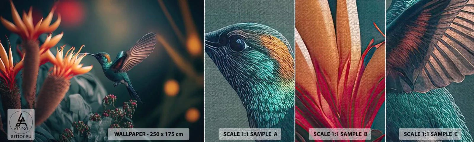 Fotobehang Monster Premium Canvas - een werkelijk kleurrijk leven - Vogel, Exotisch, Bloem - 100x30 cm