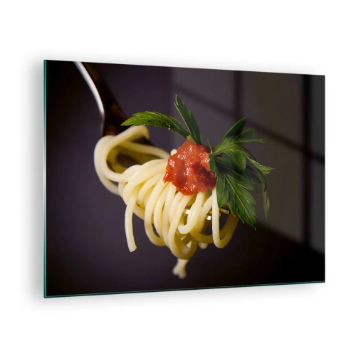 Schilderen op glas - Spaghetti pasta op een vork met tomatensaus - 70x50cm - Een lekker hapje - Moderne wanddecoratie voor woonkamer en slaapkamer ARTTOR