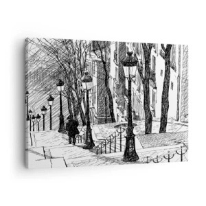 Schilderen op canvas - Een straat met lampen en een menselijk silhouet in schetstechniek - 70x50cm - Een liefdesverhaal of een horrorverhaal? - Moderne wanddecoratie voor woonkamer en slaapkamer ARTTOR