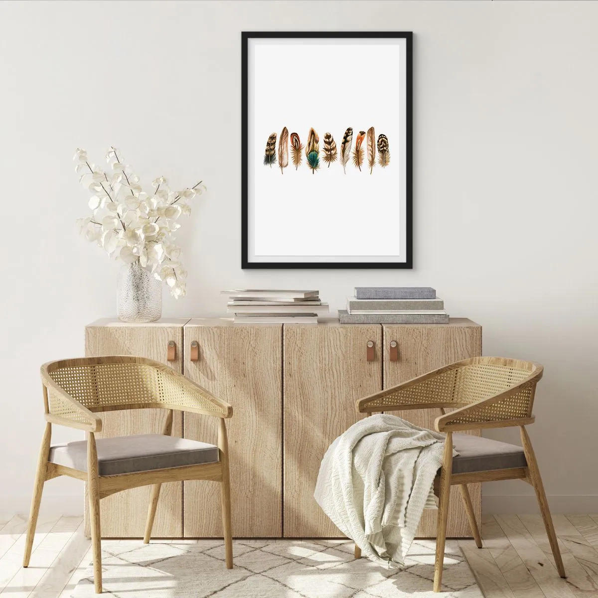 Poster in een zwarte lijst - Kleurrijke veren op een rij - 50x70cm - Een gevederde variatie - Moderne wanddecoratie voor woonkamer en slaapkamer ARTTOR