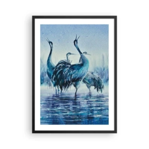Poster in een zwarte lijst - Sfeervol beeld van kranen in een blauw waterlandschap - 50x70cm - Ochtendvergadering - Moderne wanddecoratie voor woonkamer en slaapkamer ARTTOR