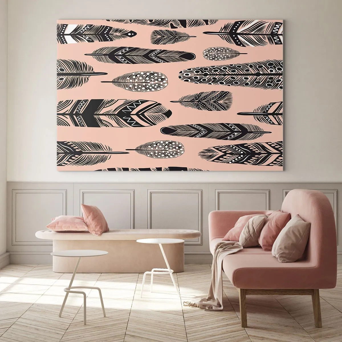 Schilderen op glas - Decoratieve veren met zwart-witte patronen op een roze achtergrond - 70x50cm - Indiase collectie - Moderne wanddecoratie voor woonkamer en slaapkamer ARTTOR