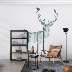 Fotobehang Standard Eco - Een hert gevuld met een boslandschap met vogels op zijn gewei - 100x70cm - Goede bosgeest - Moderne wanddecoratie voor woonkamer en slaapkamer ARTTOR