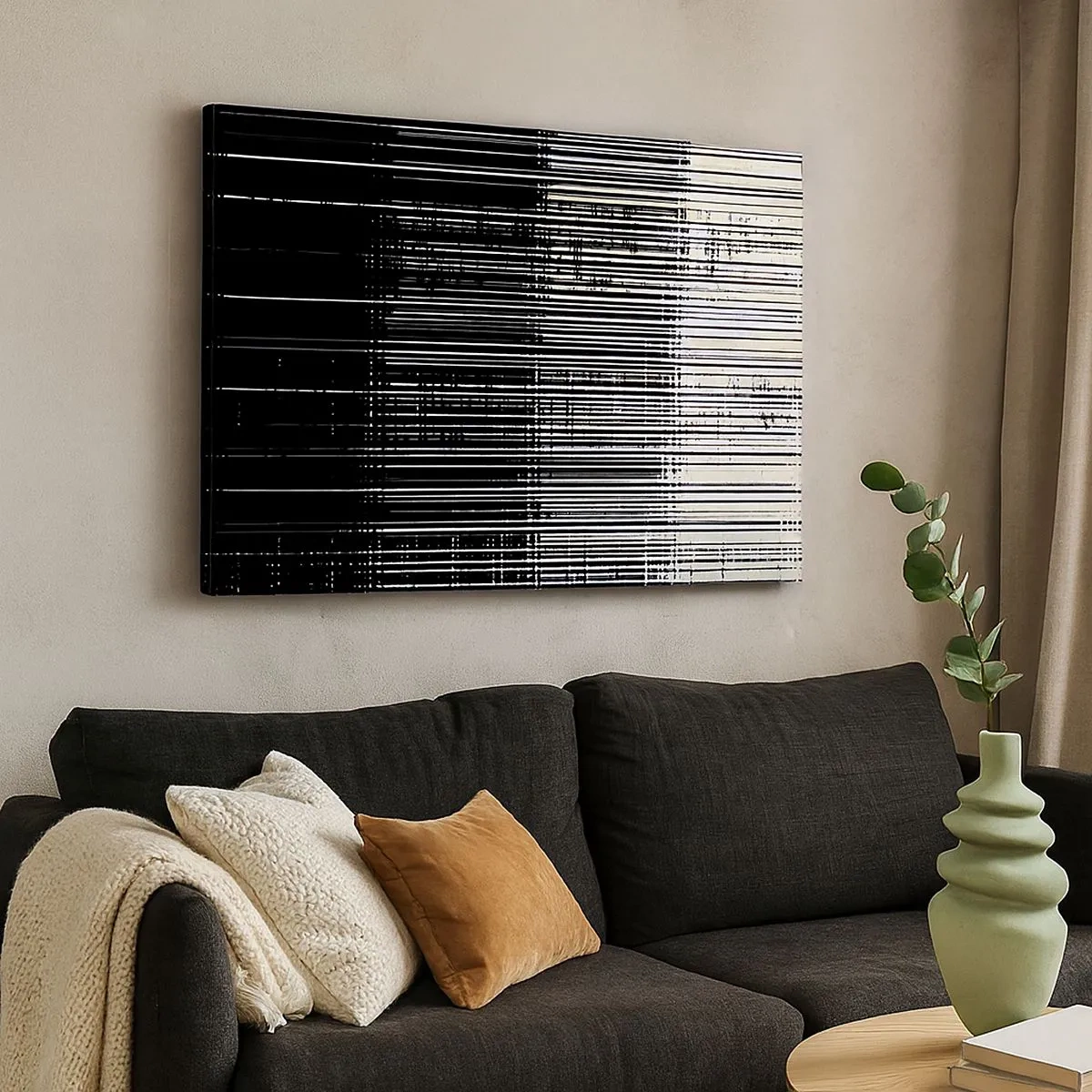 Schilderen op canvas - Abstracte compositie van lijnen in contrasterend zwart en wit - 70x50cm - Golven en vibraties - Moderne wanddecoratie voor woonkamer en slaapkamer ARTTOR