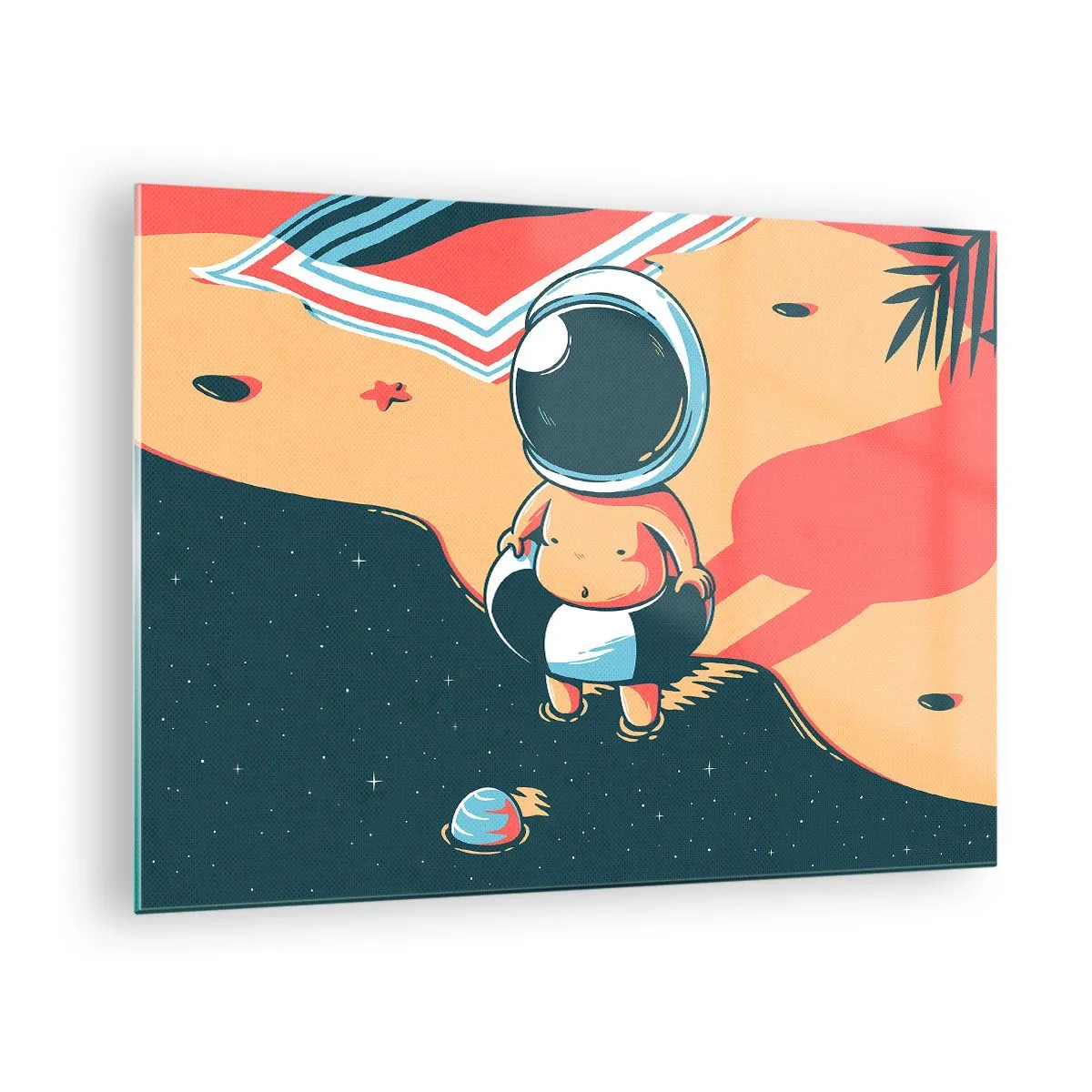 Schilderen op glas - Astronautenfiguur op een strand met een kosmisch landschap - 70x50cm - Vanuit een ander perspectief - Moderne wanddecoratie voor woonkamer en slaapkamer ARTTOR