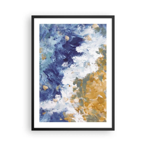 Poster in een zwarte lijst - Een abstracte compositie in tinten blauw, wit en goud. - 50x70cm - Dans der Elementen - Moderne wanddecoratie voor woonkamer en slaapkamer ARTTOR