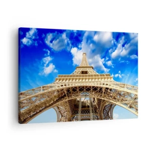 Schilderen op canvas - De Eiffeltoren van onderaf tegen een blauwe lucht - 70x50cm - Reiken naar de hemel en de wolken - Moderne wanddecoratie voor woonkamer en slaapkamer ARTTOR