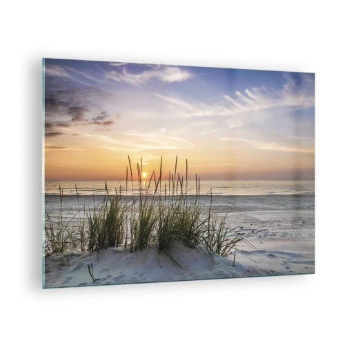 Schilderen op glas - Zonsondergang over een grasachtig strand - 70x50cm - Kijk, denk, voel - Moderne wanddecoratie voor woonkamer en slaapkamer ARTTOR