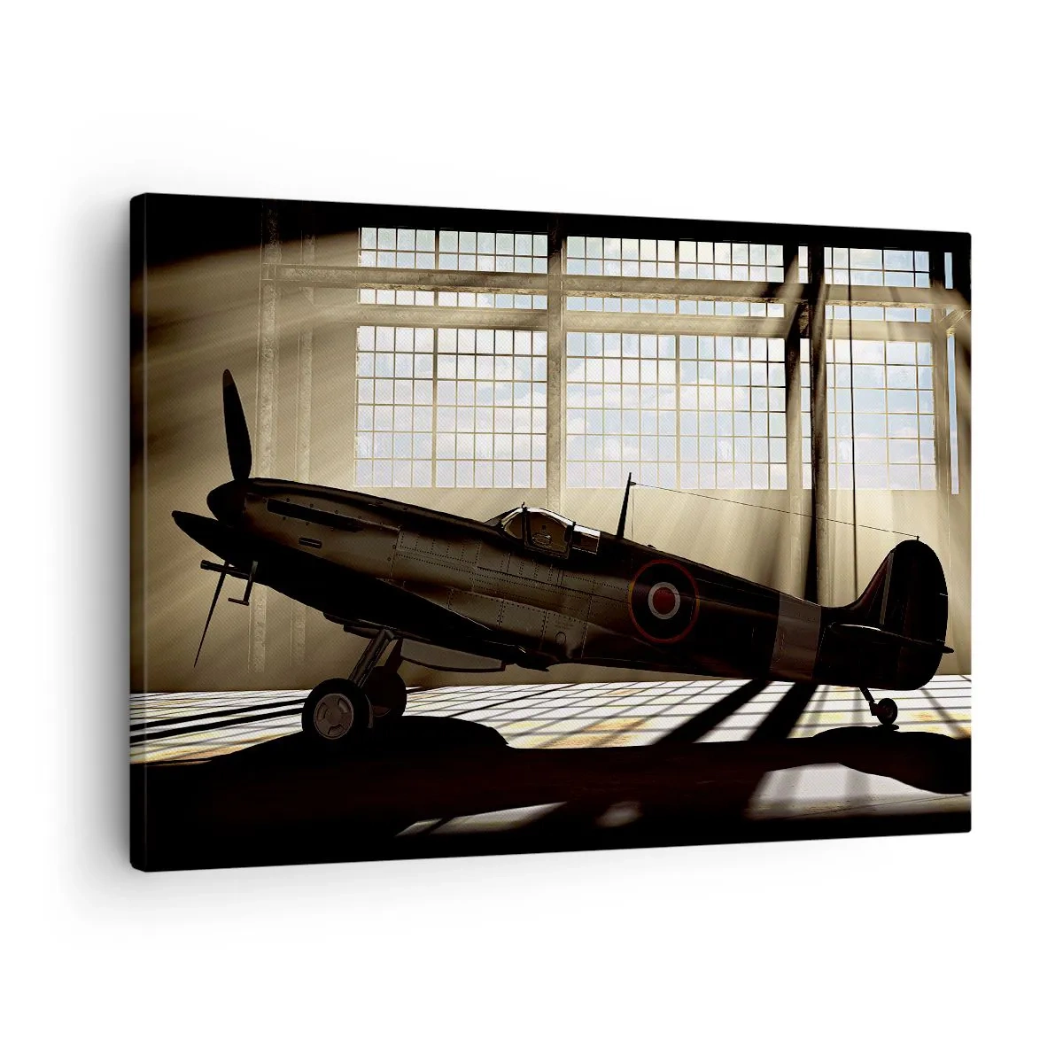 Schilderen op canvas - Een historisch vliegtuig in een hangar verlicht door zonlicht - 70x50cm - De rust van een krijger - Moderne wanddecoratie voor woonkamer en slaapkamer ARTTOR