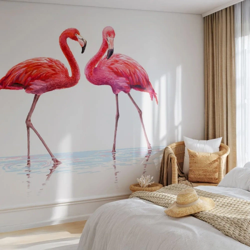 Zelfklevend Fotobehang Deluxe Sticker - Roze randez-vous - Flamingo's, Vogels, Deel - 300x210 cm