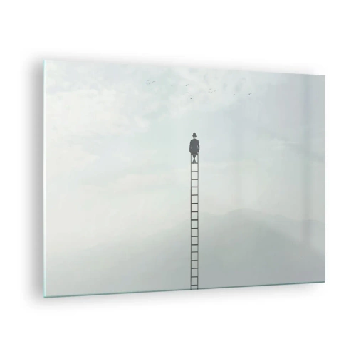 Schilderen op glas - Silhouet van een man bovenaan een ladder in de wolken - 70x50cm - Stap verder op! - Moderne wanddecoratie voor woonkamer en slaapkamer ARTTOR