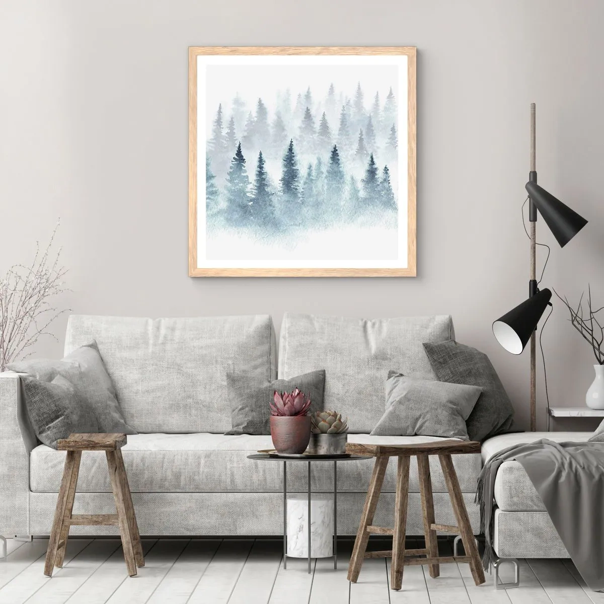 Een poster in een licht eiken lijst - Gehuld in mist - 60x60 cm