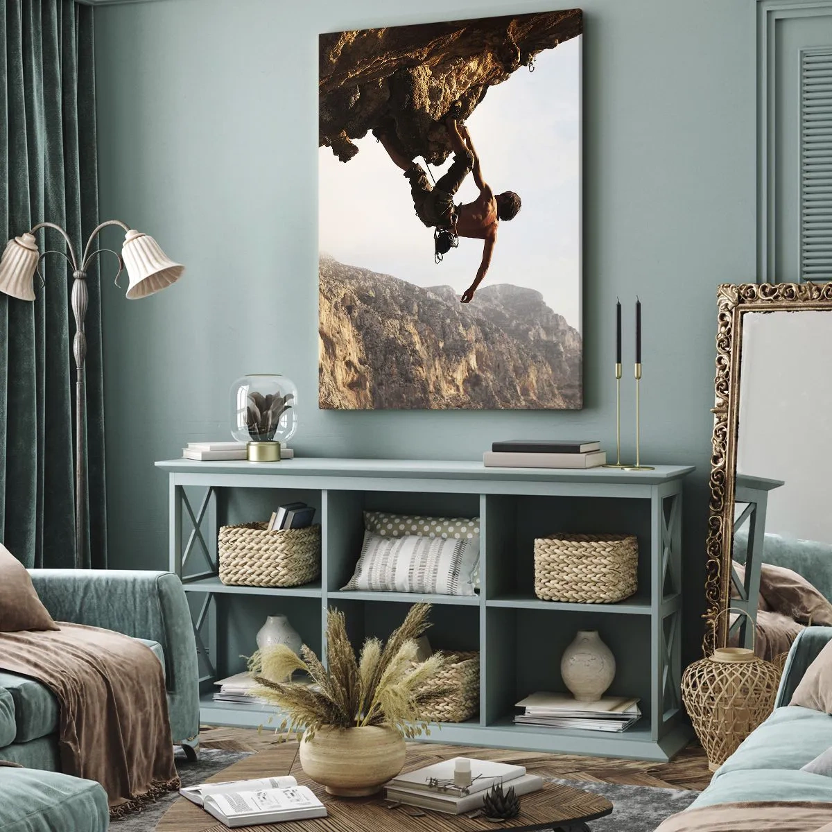 Schilderen op canvas - De wereld gekrompen in een hand op een rotsblok - 65x120 cm