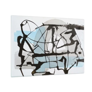 Schilderen op glas - Abstracte compositie met een zwarte schets en blauwe vlekken - 70x50cm - Toch blauw - Moderne wanddecoratie voor woonkamer en slaapkamer ARTTOR