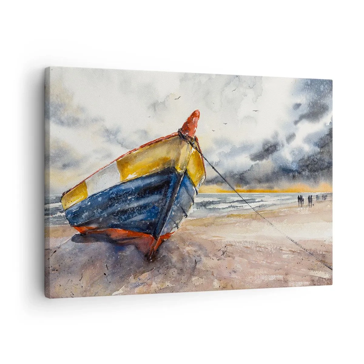 Schilderen op canvas - Een pittoreske boot op het strand onder een bewolkte lucht - 70x50cm - Rust aan de kust - Moderne wanddecoratie voor woonkamer en slaapkamer ARTTOR