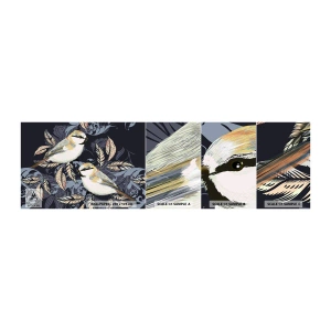 Fotobehang Staaltje Standard Eco - Geel-blauwe triller - Abstractie, Vogels, Bladeren - 100x30 cm