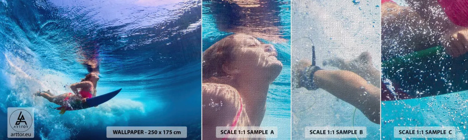 Fotobehang Monster Premium Canvas - De diepte van vreugde - Surfen, Vrouw, Sport - 100x30 cm