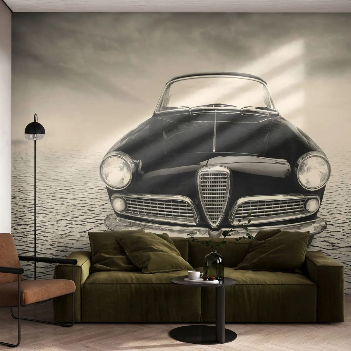 Fotobehang Premium Canvas - Je moet gewoon van me houden - Auto, Vintage, Zwart en wit - 100x70 cm