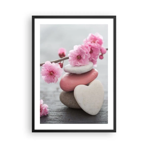 Poster in een zwarte lijst - Hartvormige stenen met roze kersenbloesems - 50x70cm - Gelukzaligheid met een kersenbloesem - Moderne wanddecoratie voor woonkamer en slaapkamer ARTTOR