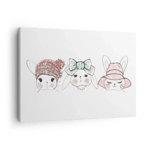 Schilderen op canvas - Schattige konijntjes met pastelkleurige hoofddeksels - 70x50cm - Peinzend, verdrietig, tevreden - Moderne wanddecoratie voor woonkamer en slaapkamer ARTTOR