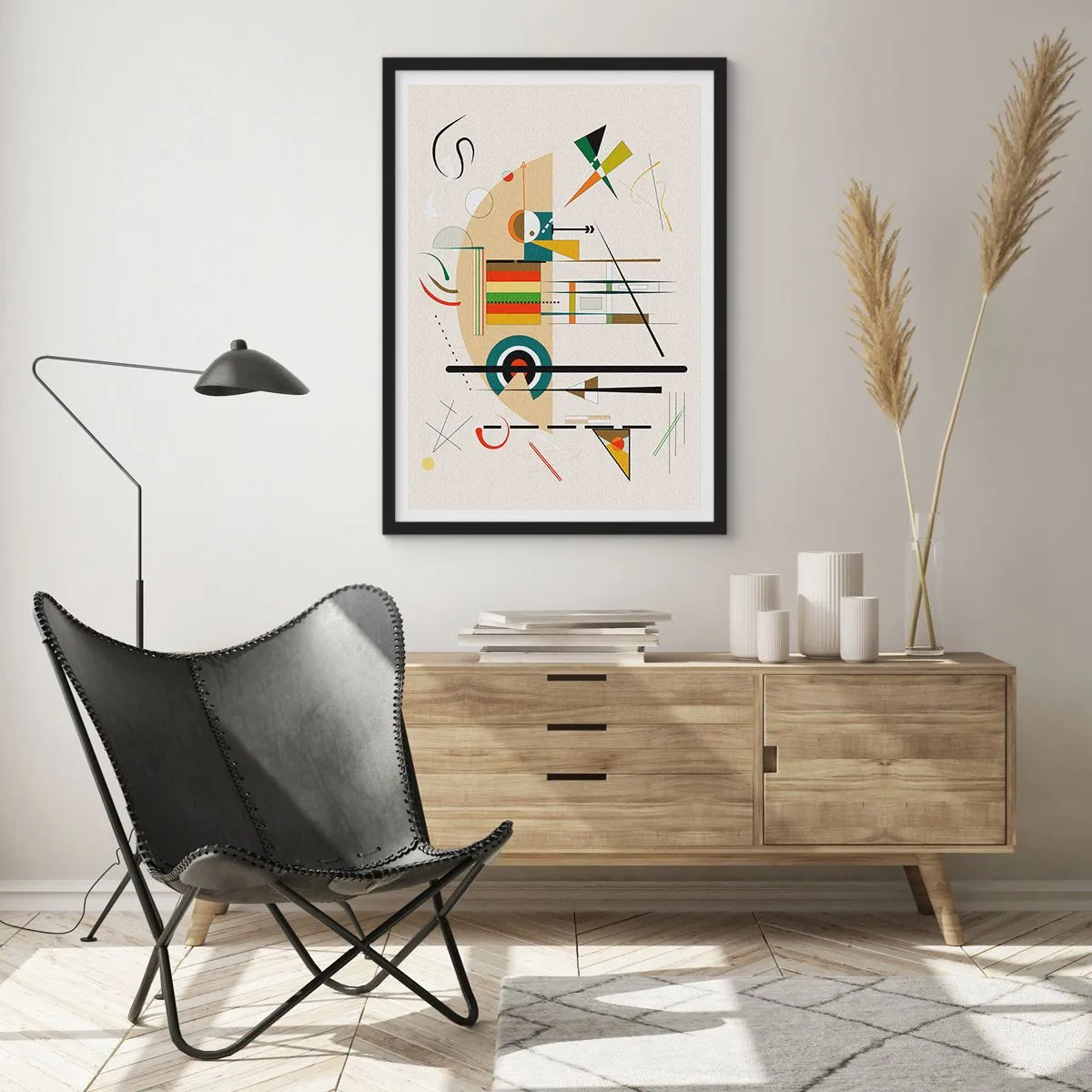 Poster in een zwarte lijst - Abstracte geometrische compositie - 50x70cm - En de wereld lacht - Moderne wanddecoratie voor woonkamer en slaapkamer ARTTOR