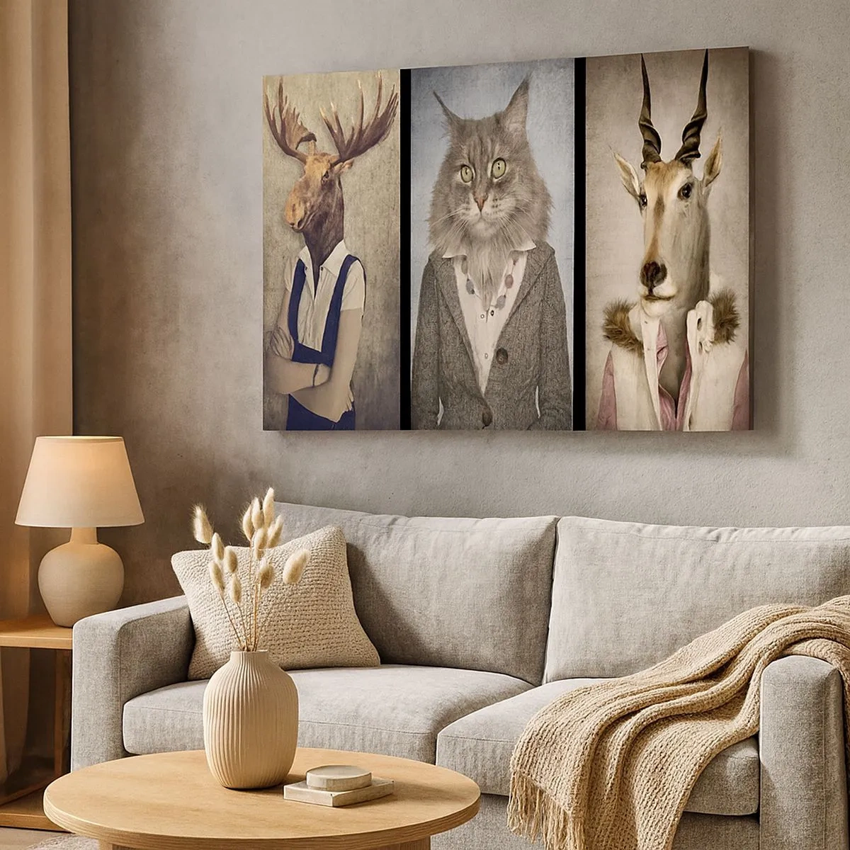 Schilderen op canvas - Een drieluik met dierfiguren in elegante kleding tegen een gestileerde achtergrond - 70x50cm - Bontjassen zijn weer in de mode - Moderne wanddecoratie voor woonkamer en slaapkamer ARTTOR