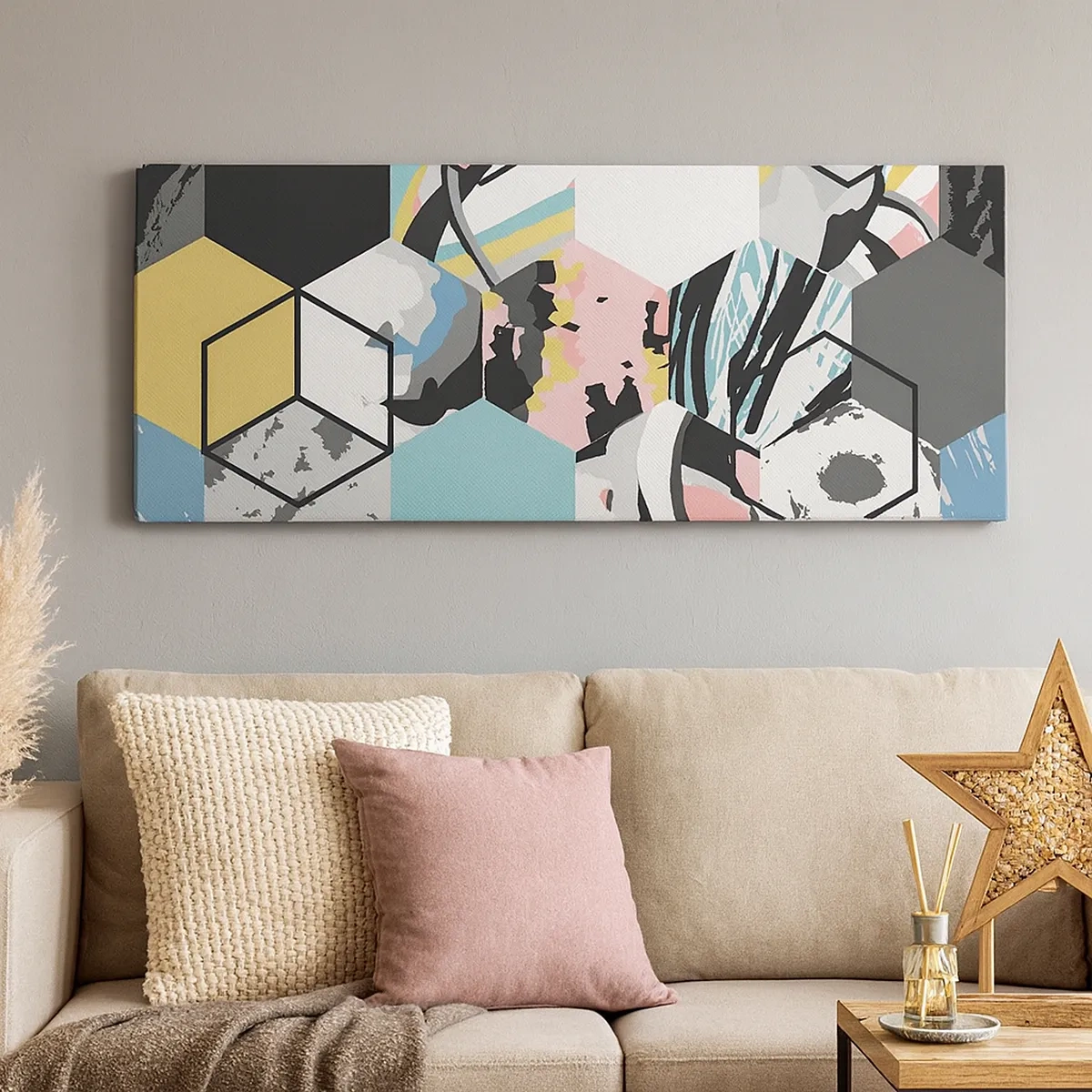 Schilderen op canvas - Zeshoeken en kubussen in zes kleuren - 30x30 cm