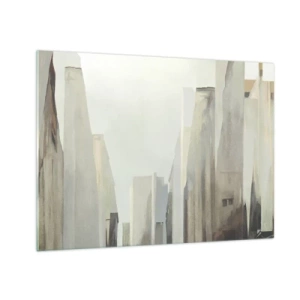 Schilderen op glas - Een abstracte visie op stedelijke gebouwen in een gedempt kleurenpalet - 70x50cm - Droom over de stad - Moderne wanddecoratie voor woonkamer en slaapkamer ARTTOR