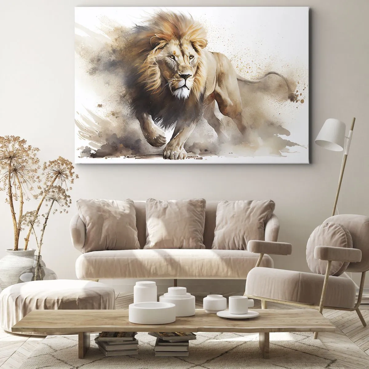 Schilderen op canvas - Een dynamisch portret van een leeuw in natuurlijke kleuren. - 70x50cm - De koning vertrekt - Moderne wanddecoratie voor woonkamer en slaapkamer ARTTOR