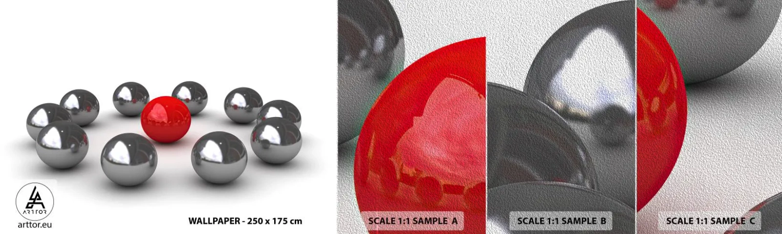 Fotobehang Monster Premium Sand - Een cirkel in zilver en rood - Abstractie, 3D, Ronde ballen - 100x30 cm