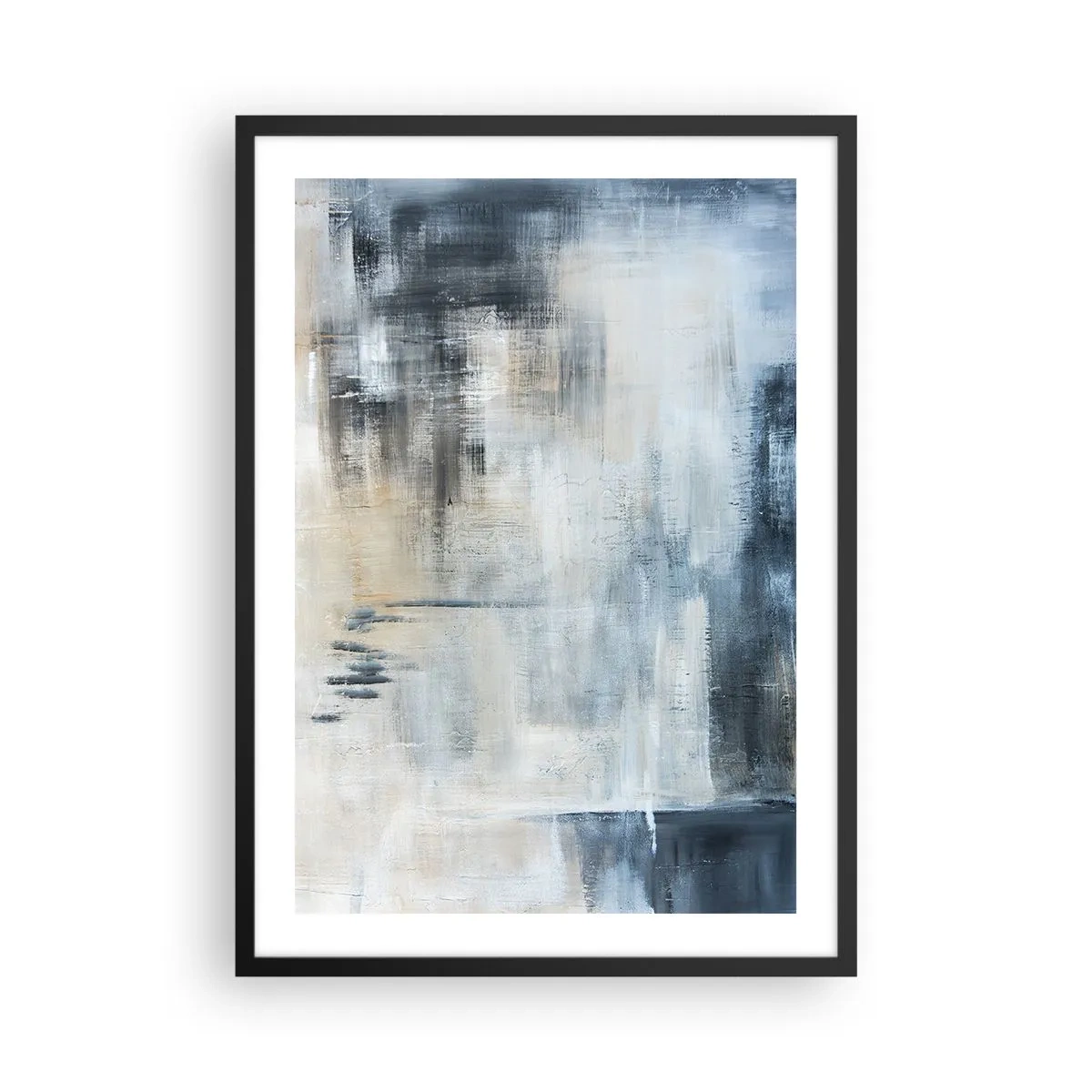 Poster in een zwarte lijst - Abstracte compositie in tinten blauw en beige - 50x70cm - Achter het blauwe gordijn - Moderne wanddecoratie voor woonkamer en slaapkamer ARTTOR