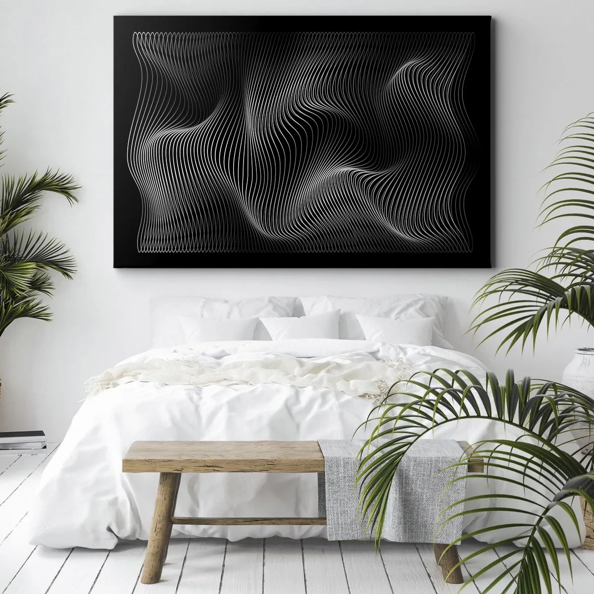 Schilderen op canvas - Abstracte witte lijnen op een zwarte achtergrond - 70x50cm - Dans van licht in de ruimte - Moderne wanddecoratie voor woonkamer en slaapkamer ARTTOR