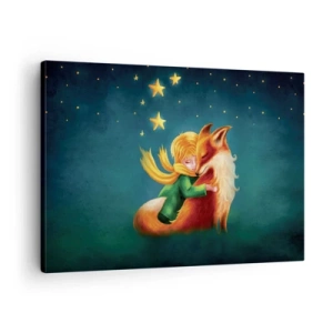 Schilderen op canvas - Een jongen met een vos in een magische omgeving met sterren - 70x50cm - Kleine Prins - Moderne wanddecoratie voor woonkamer en slaapkamer ARTTOR