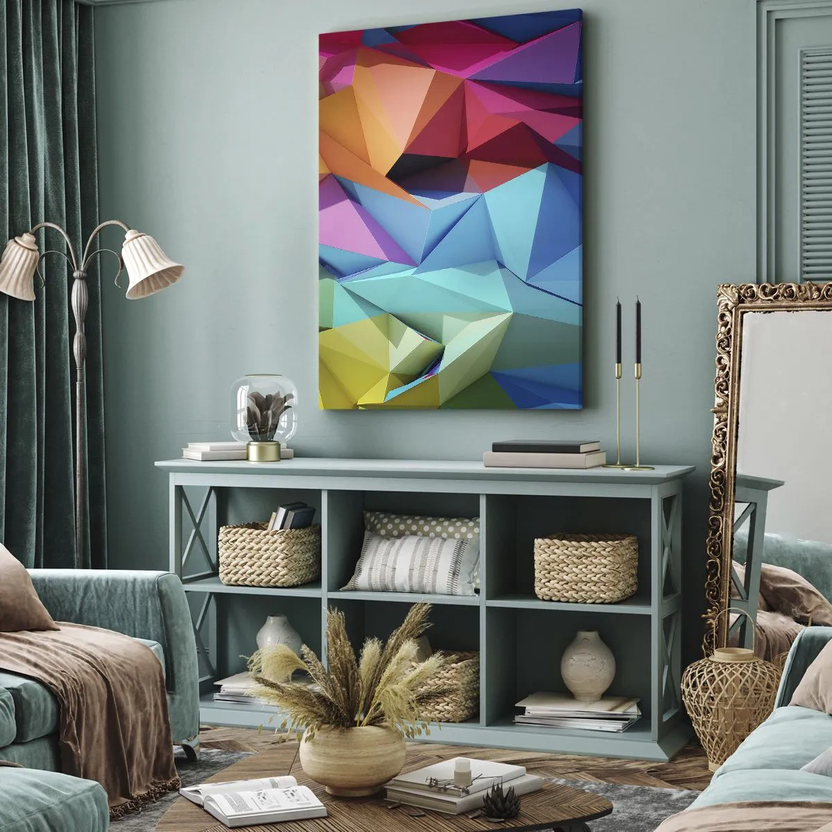 Schilderen op canvas - Regenboog origami - 65x120 cm