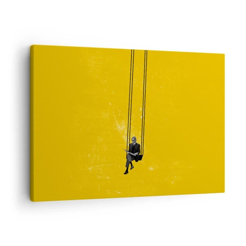 Schilderen op canvas - Een persoon op een schommel tegen een achtergrond van intens geel - 70x50cm - Dag als iedere dag - Moderne wanddecoratie voor woonkamer en slaapkamer ARTTOR