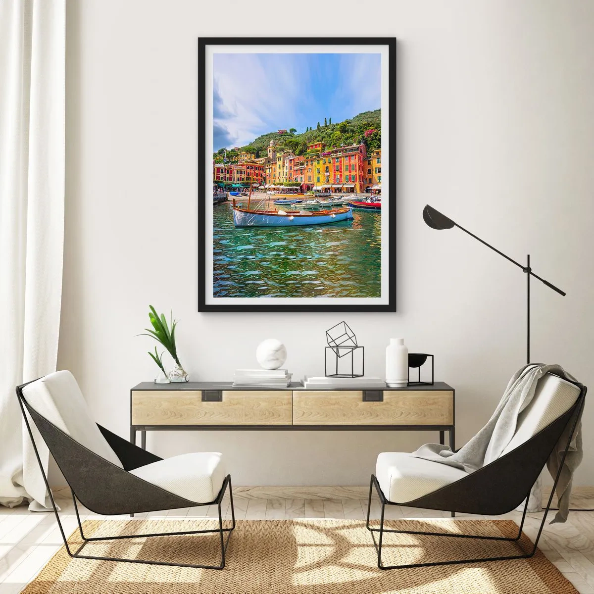 Poster in een zwarte lijst - Havengezicht met kleurrijke gebouwen en boten - 50x70cm - Italiaanse ochtend - Moderne wanddecoratie voor woonkamer en slaapkamer ARTTOR