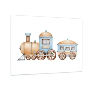 Schilderen op glas - Illustratie van een stoomtrein in tinten blauw en beige op een witte achtergrond - 70x50cm - Hij staat op het station... - Moderne wanddecoratie voor woonkamer en slaapkamer ARTTOR